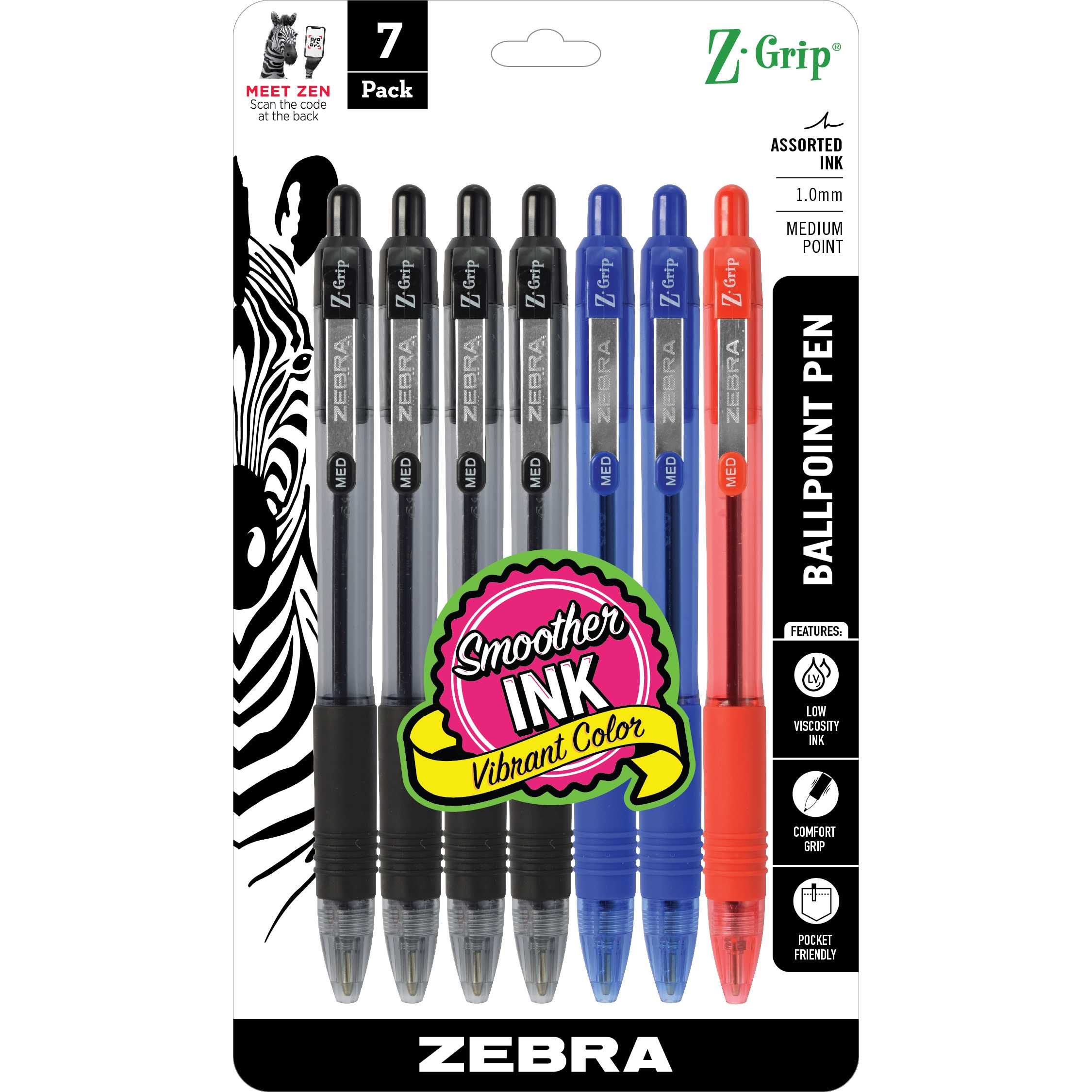 23907_Z-Grip_Retractable_Ballpoint_1.0mm_BlackBlueRed_7pk